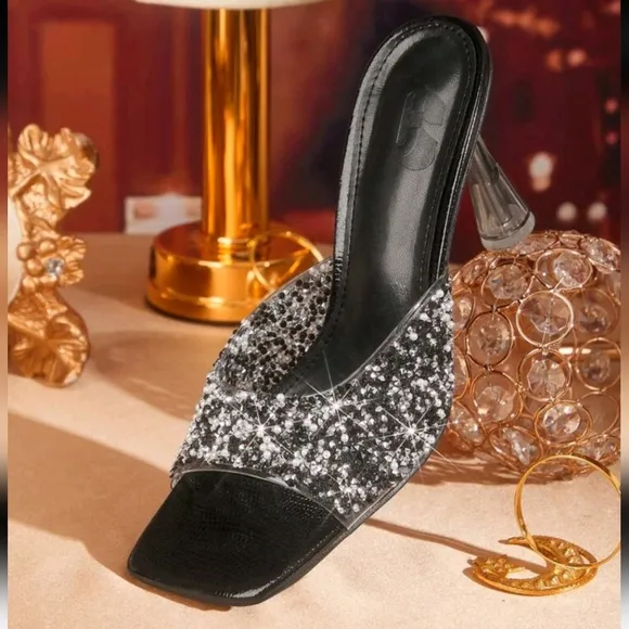 Black Square Toe Crystal High Heel Sandals,Rhinestone Embellished