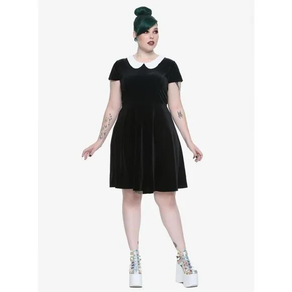 Black Velvet White Collar Dress Plus Size 1