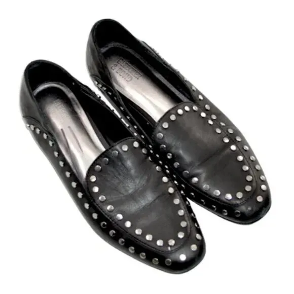 Bleecker Bond Black Soft Leather Silver Studded Shoes Slip-On Driving Loafers 8
