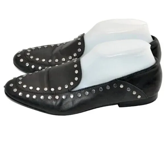 Bleecker Bond Black Soft Leather Silver Studded Shoes Slip-On Driving Loafers 8