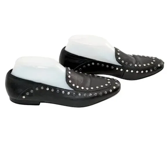 Bleecker Bond Black Soft Leather Silver Studded Shoes Slip-On Driving Loafers 8