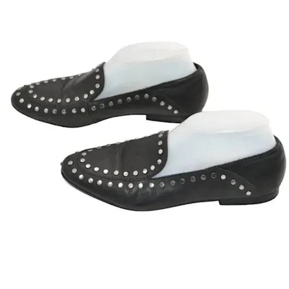 Bleecker Bond Black Soft Leather Silver Studded Shoes Slip-On Driving Loafers 8