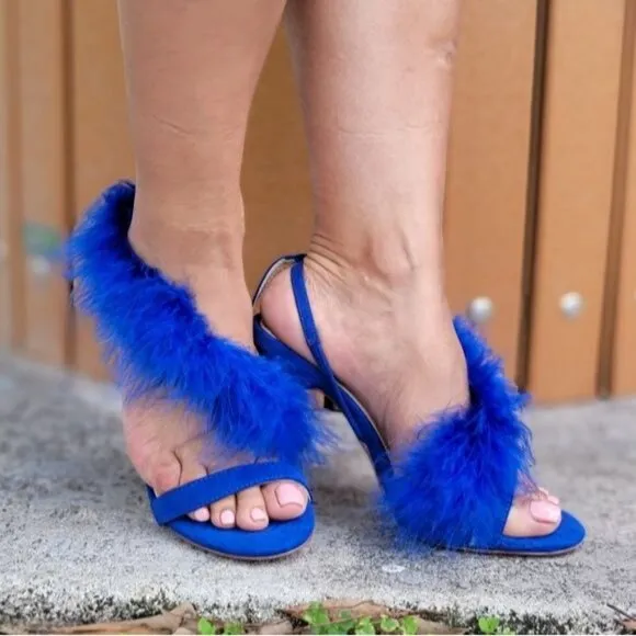 Blue Feathered Fringe‎ Open Toe Single Sole Heels