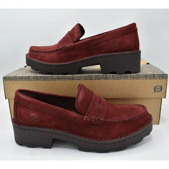 Born Women Sz 7.5 Carrera Lugged Sole Burgundy Suede Slip On Penny Loafers Shoes