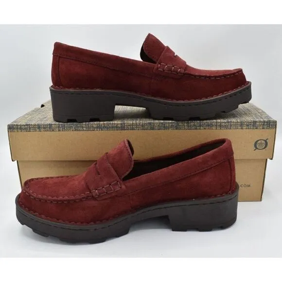 Born Women Sz 7.5 Carrera Lugged Sole Burgundy Suede Slip On Penny Loafers Shoes