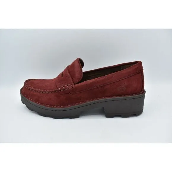 Born Women Sz 7.5 Carrera Lugged Sole Burgundy Suede Slip On Penny Loafers Shoes