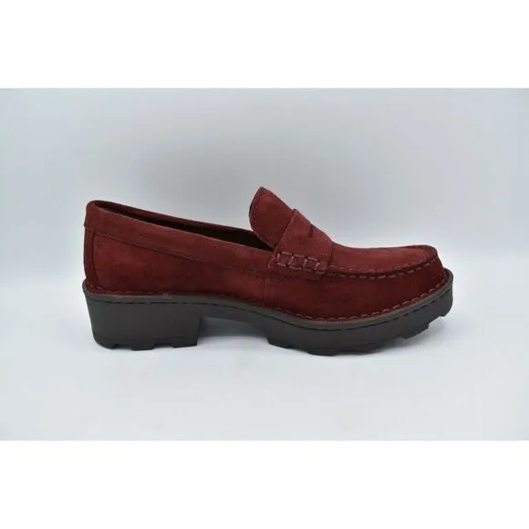 Born Women Sz 7.5 Carrera Lugged Sole Burgundy Suede Slip On Penny Loafers Shoes