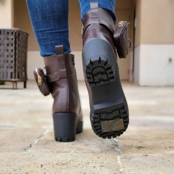 Brown Women's Lug Sole Ankle Lace Up Heeled Ankle Boots w Pouch