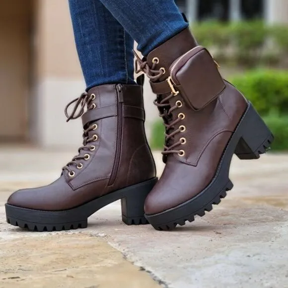 Brown Women's Lug Sole Ankle Lace Up Heeled Ankle Boots w Pouch