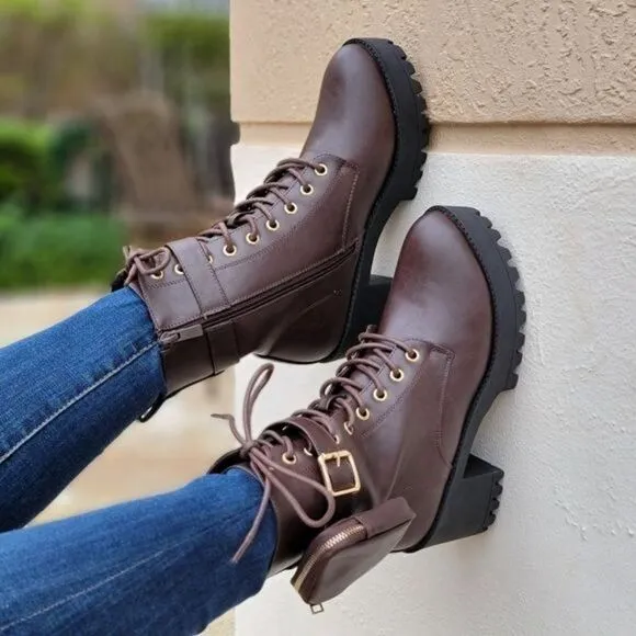 Brown Women's Lug Sole Ankle Lace Up Heeled Ankle Boots w Pouch