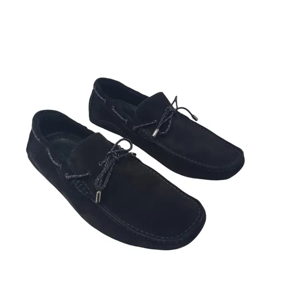 Bugatchi Black Suede Driving Shoes Size 8.5 Moccasins Tie Front Loafers