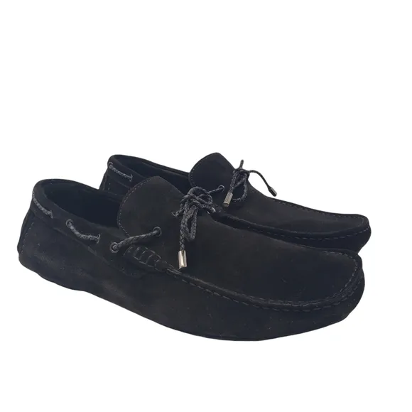 Bugatchi Black Suede Driving Shoes Size 8.5 Moccasins Tie Front Loafers