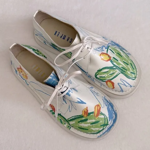 Camper | Twins Brother Polze Cactus Print Calfskin Leather Lace Up Sneaker Shoes