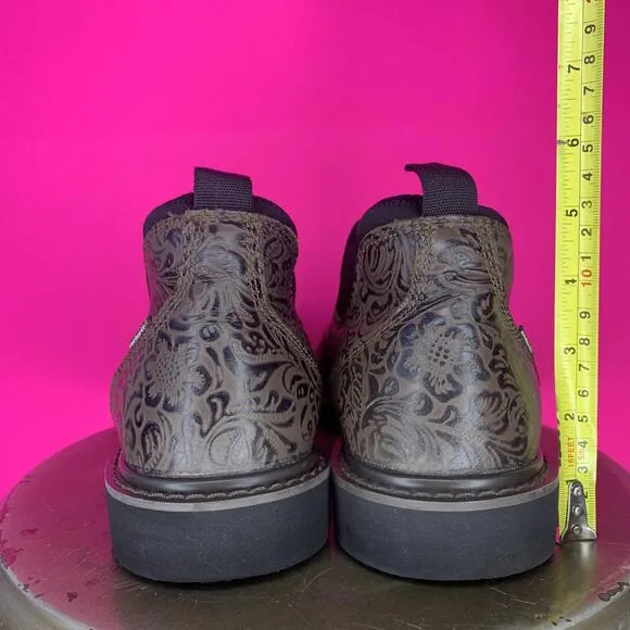 Carhartt Romeo Embossed Brown Leather Soft Toe Slip-On Ankle Boot Sz 9.5