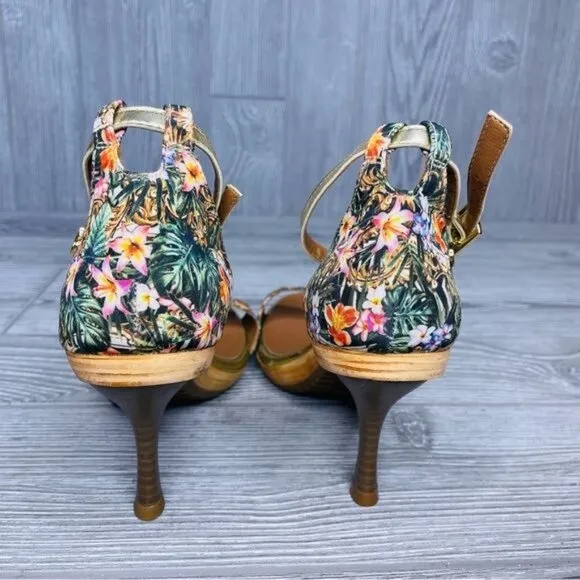 Carmen Steffens Strappy floral cloth heel pumps shoes Size 37/39 or 8