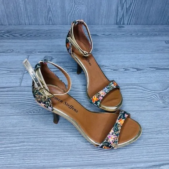 Carmen Steffens Strappy floral cloth heel pumps shoes Size 37/39 or 8