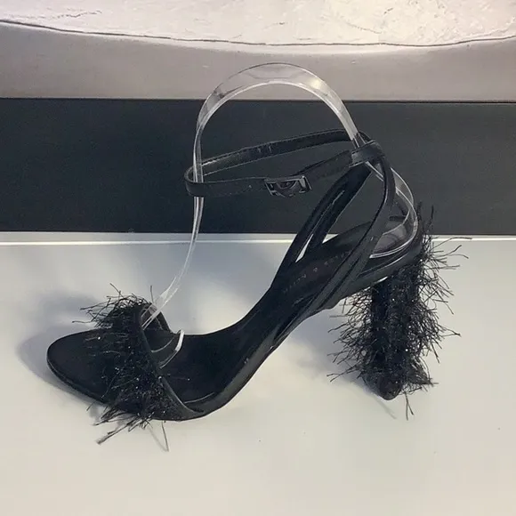 Charles &amp; Keith Black Hairy Fringe Heel Open Toe Ankle Strap Shoes Sz 36/6