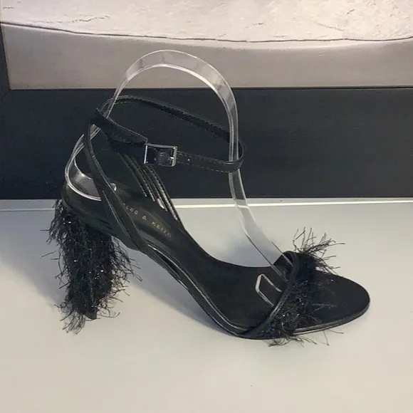 Charles &amp; Keith Black Hairy Fringe Heel Open Toe Ankle Strap Shoes Sz 36/6
