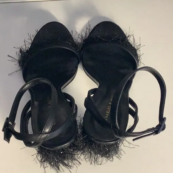 Charles &amp; Keith Black Hairy Fringe Heel Open Toe Ankle Strap Shoes Sz 36/6