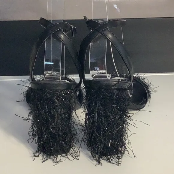 Charles &amp; Keith Black Hairy Fringe Heel Open Toe Ankle Strap Shoes Sz 36/6