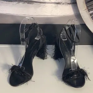 Charles &amp; Keith Black Hairy Fringe Heel Open Toe Ankle Strap Shoes Sz 36/6