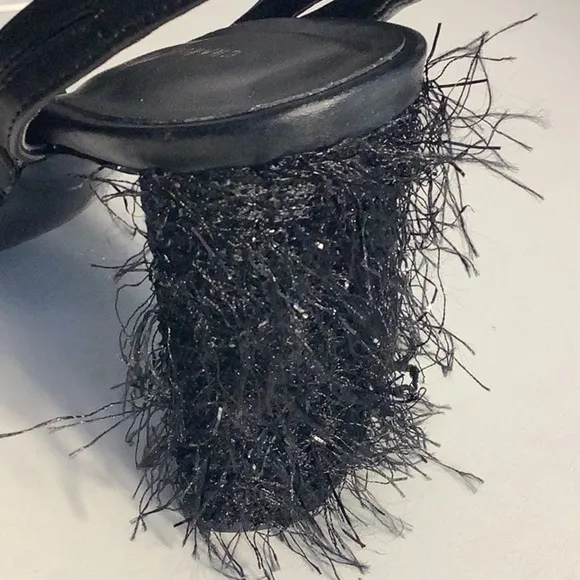 Charles &amp; Keith Black Hairy Fringe Heel Open Toe Ankle Strap Shoes Sz 36/6