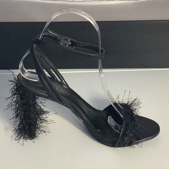 Charles &amp; Keith Black Hairy Fringe Heel Open Toe Ankle Strap Shoes Sz 36/6
