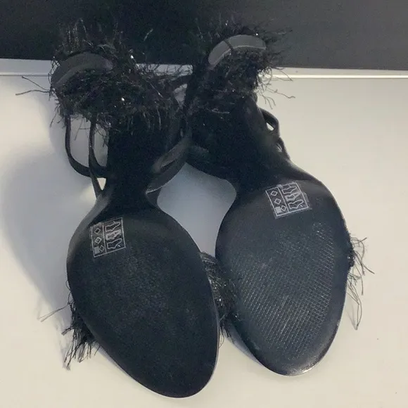 Charles &amp; Keith Black Hairy Fringe Heel Open Toe Ankle Strap Shoes Sz 36/6