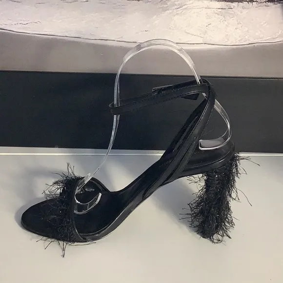 Charles &amp; Keith Black Hairy Fringe Heel Open Toe Ankle Strap Shoes Sz 36/6