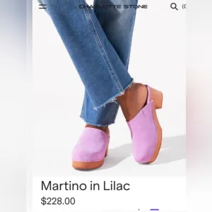 Charlotte Stone •  Martino Clogs In Lilac Suede with Wood Sole Size 7