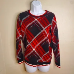 Charter Club Sweater Women Small Plaid Crewneck Family Red