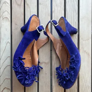 Chie Mihara Suede Slingback Heels with Fringe Detail in Blue, size 38.5