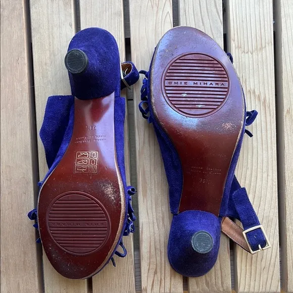 Chie Mihara Suede Slingback Heels with Fringe Detail in Blue, size 38.5