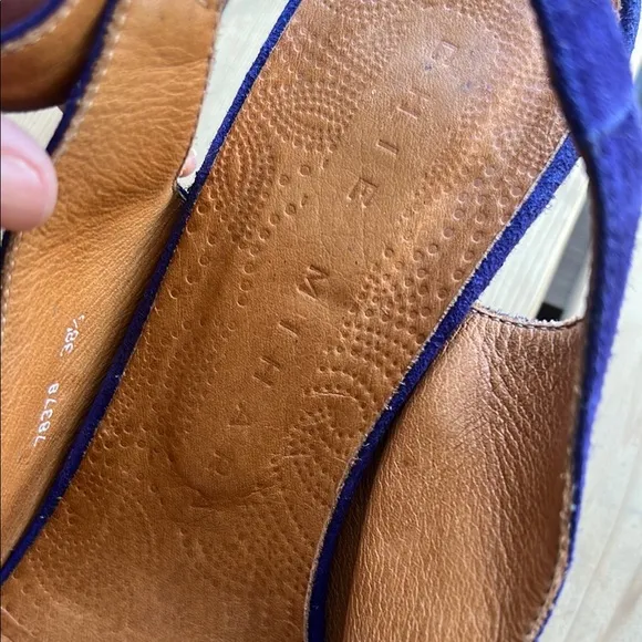 Chie Mihara Suede Slingback Heels with Fringe Detail in Blue, size 38.5
