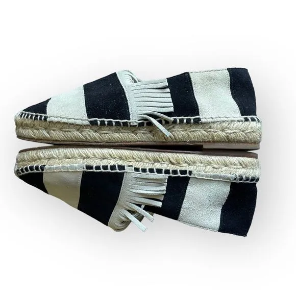 CHLOE Suede Black and Cream Stripe Fringe Trim Espadrille Shoes 36