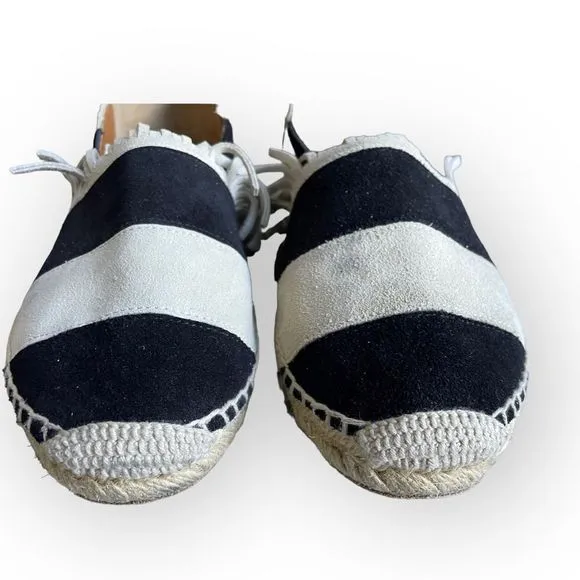 CHLOE Suede Black and Cream Stripe Fringe Trim Espadrille Shoes 36