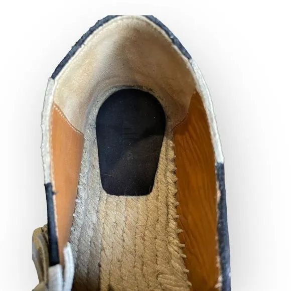 CHLOE Suede Black and Cream Stripe Fringe Trim Espadrille Shoes 36