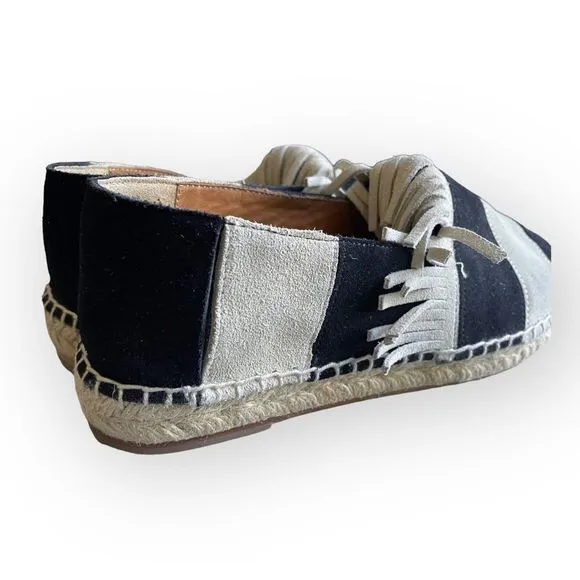CHLOE Suede Black and Cream Stripe Fringe Trim Espadrille Shoes 36
