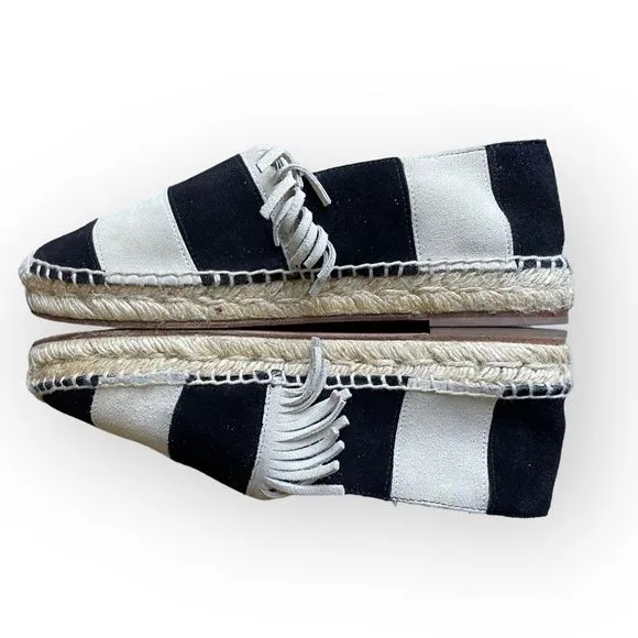 CHLOE Suede Black and Cream Stripe Fringe Trim Espadrille Shoes 36