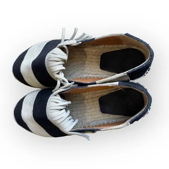 CHLOE Suede Black and Cream Stripe Fringe Trim Espadrille Shoes 36