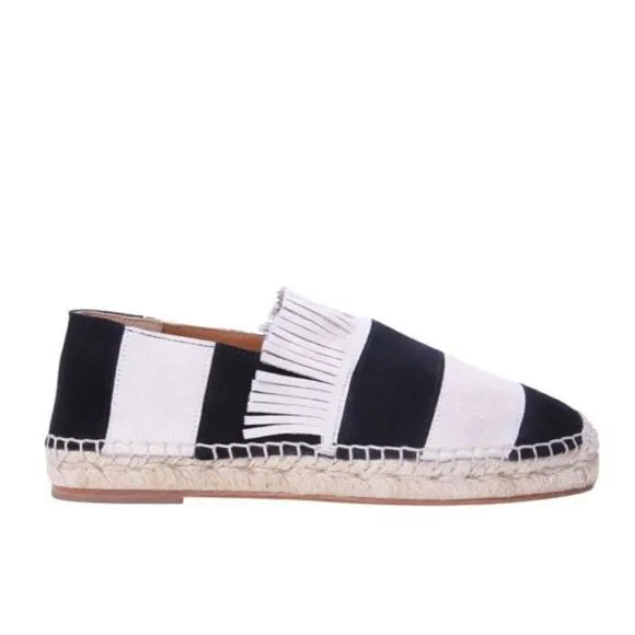 CHLOE Suede Black and Cream Stripe Fringe Trim Espadrille Shoes 36