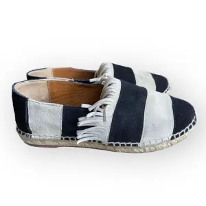 CHLOE Suede Black and Cream Stripe Fringe Trim Espadrille Shoes 36