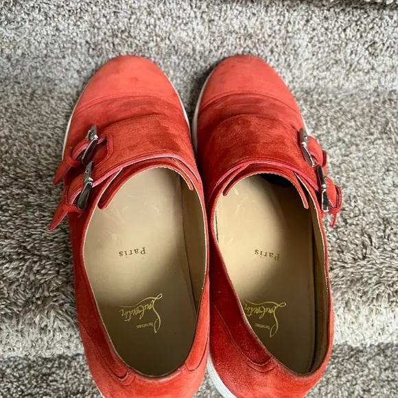 Christian Louboutin Men's Orange Suede Double Monk Strap Shoes