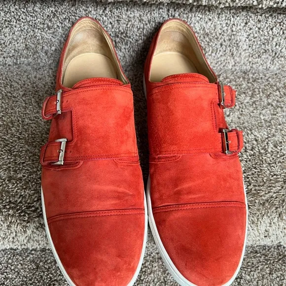Christian Louboutin Men's Orange Suede Double Monk Strap Shoes