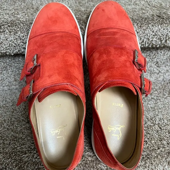 Christian Louboutin Men's Orange Suede Double Monk Strap Shoes