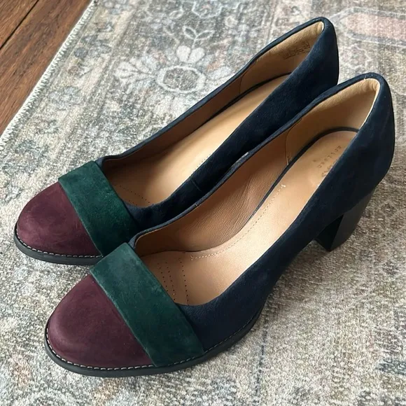 Clarks Artisan Suede Tarah Brae Colorblock Navy Blue Green Block Heels Pumps 11