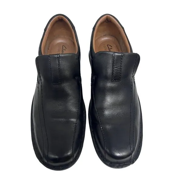 Clarks Escalade Step Black Leather Slip On Ortholite Comfort Dress Loafers USA