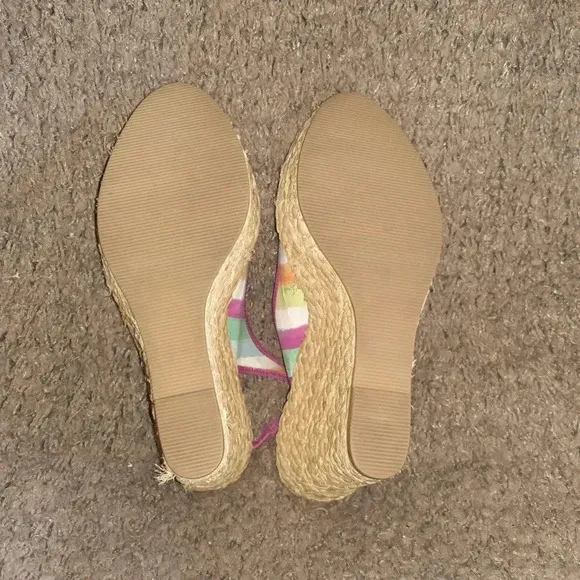 COACH-Grace-Pink Blue Rainbow Stripe Wedge Slingback-Straw Wedge-Sz 10-Near Mint
