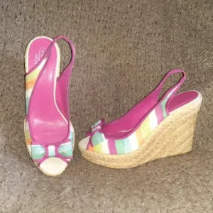 COACH-Grace-Pink Blue Rainbow Stripe Wedge Slingback-Straw Wedge-Sz 10-Near Mint