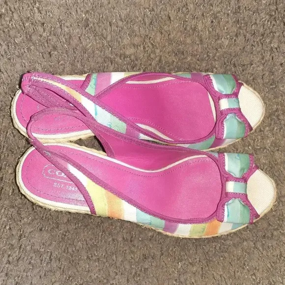 COACH-Grace-Pink Blue Rainbow Stripe Wedge Slingback-Straw Wedge-Sz 10-Near Mint